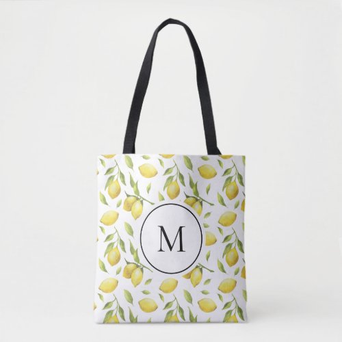 Watercolor Lemons and Greenery Pattern Monogram Tote Bag