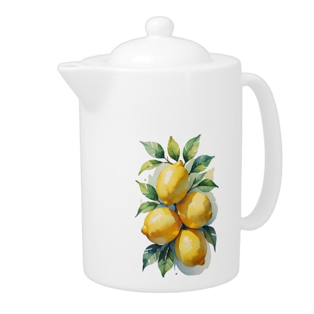 Watercolor Lemons and Leaves Design Teapot (Right)