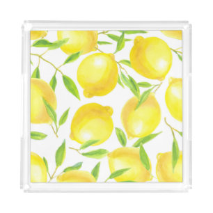Watercolor lemons and leaves: pattern. acrylic tray