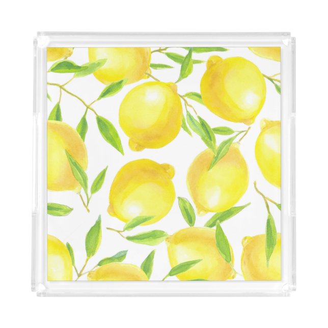 Watercolor lemons and leaves: pattern. acrylic tray (Front)