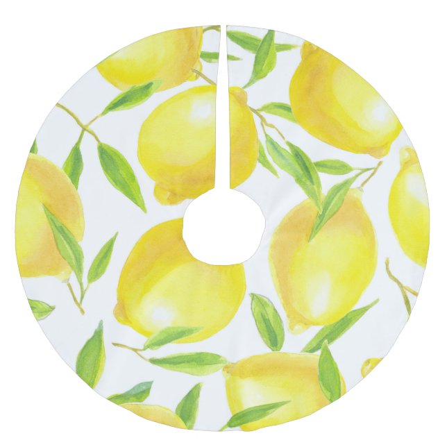 Watercolor lemons and leaves: pattern. brushed polyester tree skirt (Front)