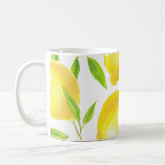 Watercolor lemons and leaves: pattern. coffee mug
