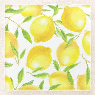 Watercolor lemons and leaves: pattern. glass coaster
