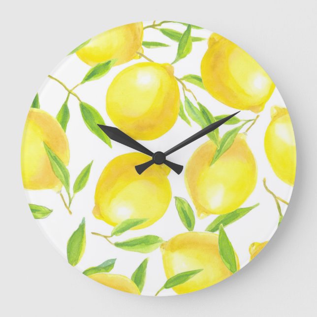 Watercolor lemons and leaves: pattern. large clock (Front)