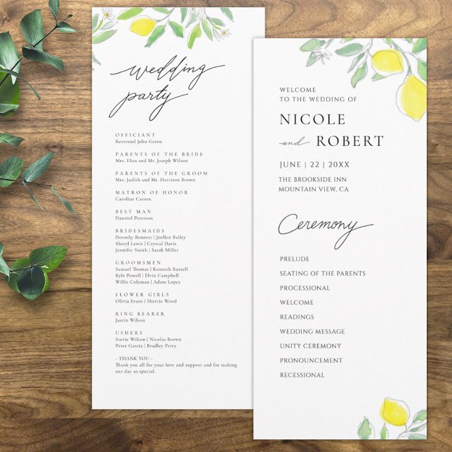 Watercolor Lemons and Leaves Wedding Program (Creator Uploaded)