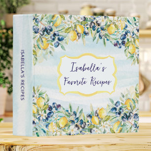 Watercolor Lemons and Olives Personalized Recipe 3 Ring Binder
