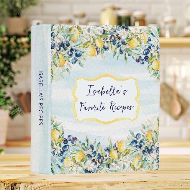 Watercolor Lemons and Olives Personalized Recipe Mini Binder (Creator Uploaded)