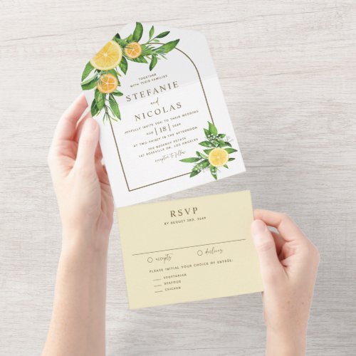 Watercolor Lemons and Oranges Arch Summer Wedding All In One Invitation