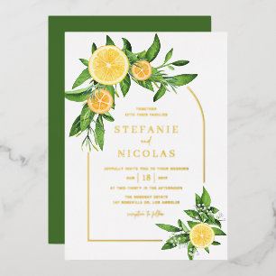 Watercolor Lemons and Oranges Arch Wedding Foil Invitation