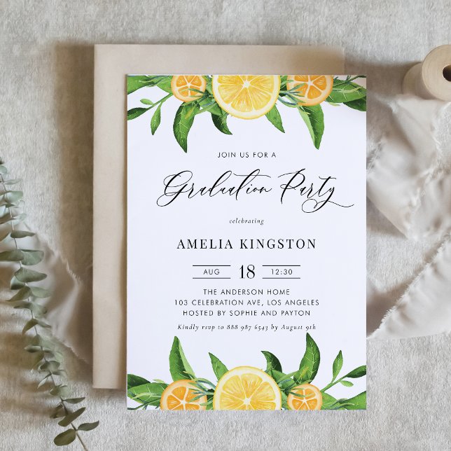 Watercolor Lemons and Oranges Graduation Party Invitation (Creator Uploaded)