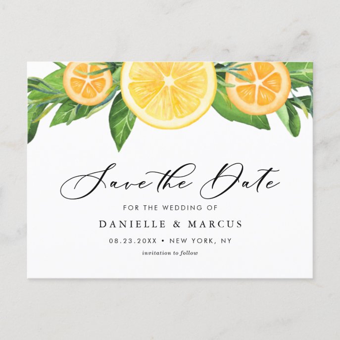 Watercolor Lemons and Oranges Save the Date Announcement Postcard
