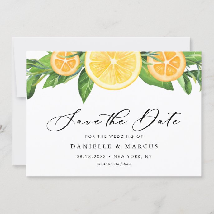 Watercolor Lemons and Oranges Summer Wedding Save The Date