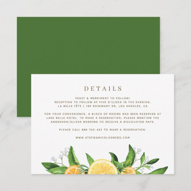 Watercolor Lemons and Oranges Wedding Details Enclosure Card (Front/Back)