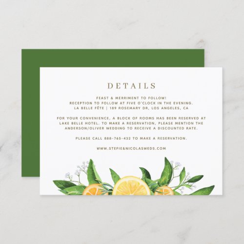 Watercolor Lemons and Oranges Wedding Details Enclosure Card