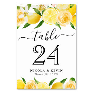 Watercolor Lemons and Summer Flowers Wedding Table Number