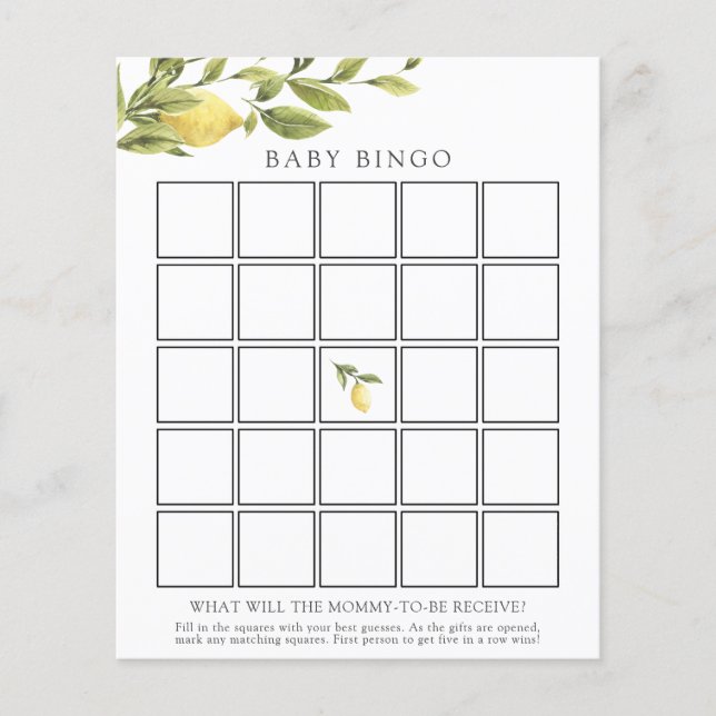 Watercolor Lemons Baby Bingo Game Card (Front)