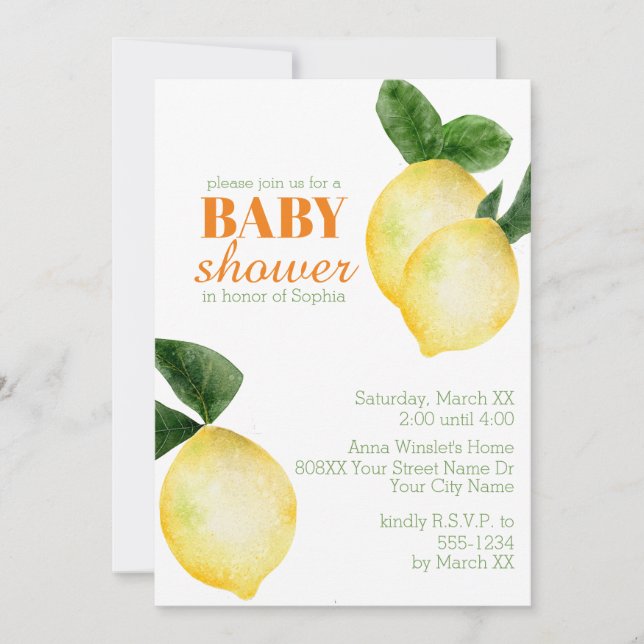 Watercolor Lemons Baby Shower Invitation (Front)