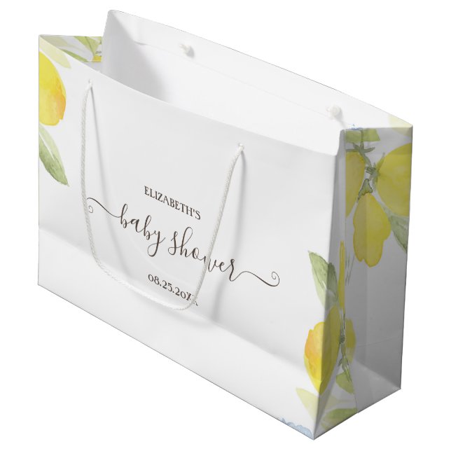 Watercolor Lemons Baby Shower Large Gift Bag (Front Angled)