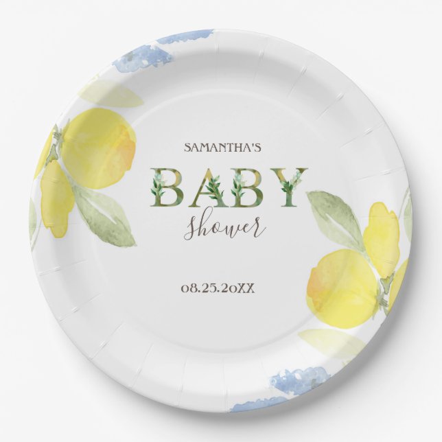 Watercolor Lemons Baby Shower   Paper Plates (Front)