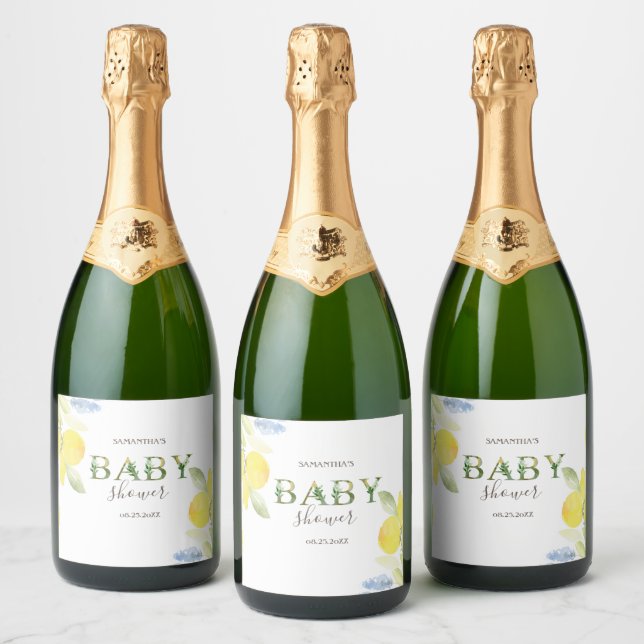 Watercolor Lemons Baby Shower   Sparkling Wine Label (Bottles)