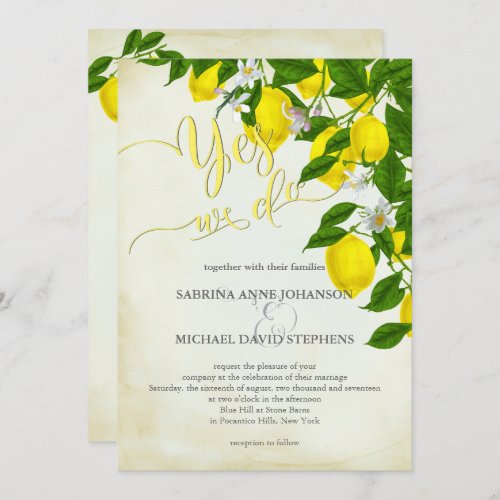 Watercolor Lemons  Blossoms and Greenery Wedding Invitation