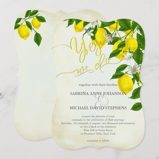 Watercolor Lemons  Blossoms and Greenery Wedding Invitation (Front/Back)