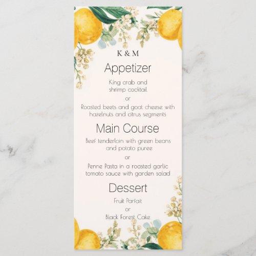 Watercolor Lemons & Blossoms Elegant Dining Menu