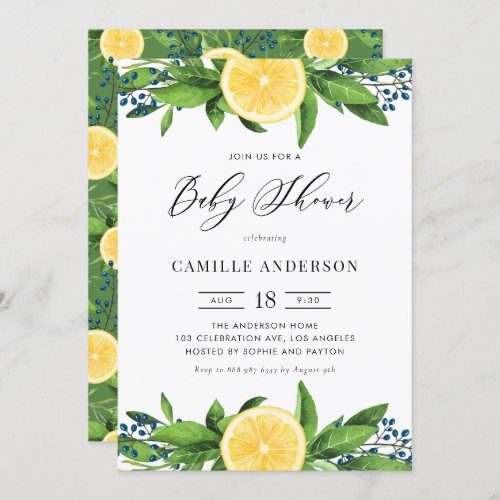 Watercolor Lemons Blue Berries Summer Baby Shower Invitation