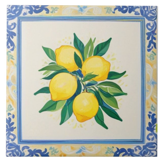 Watercolor Lemons Blue Green Yellow White Summery Ceramic Tile (Front)