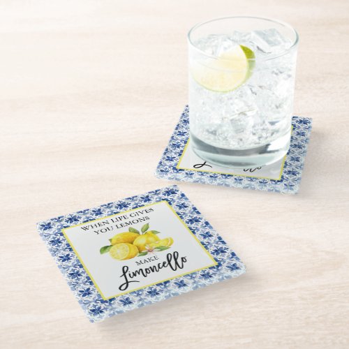 Watercolor Lemons Blue Tile Limoncello Glass Coaster