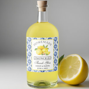 Watercolor Lemons Blue Tile Limoncello Liquor Bottle Label
