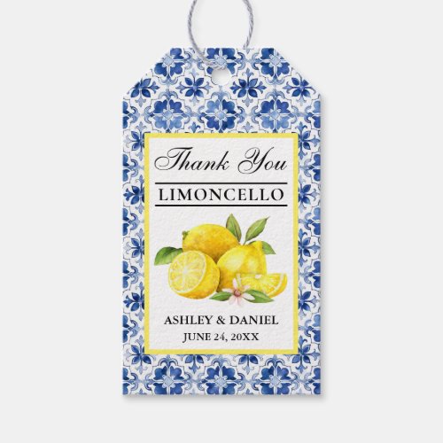 Watercolor Lemons Blue Tile Limoncello Thanks Gift Tags