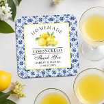 Watercolor Lemons Blue Tile Limoncello Wedding Square Paper Coaster<br><div class="desc">Elegant Watercolor Lemons on Blue Tile Homemade Limoncello Wedding Thank You Coasters</div>