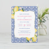 Watercolor Lemons Blue Tiles Amalfi Wedding Invitation 