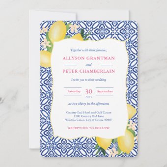 Watercolor Lemons Blue Tiles Amalfi Wedding Invitation | Zazzle