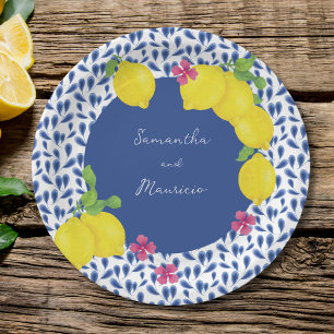 WATERCOLOR LEMONS BLUE TILES PAPER PLATES