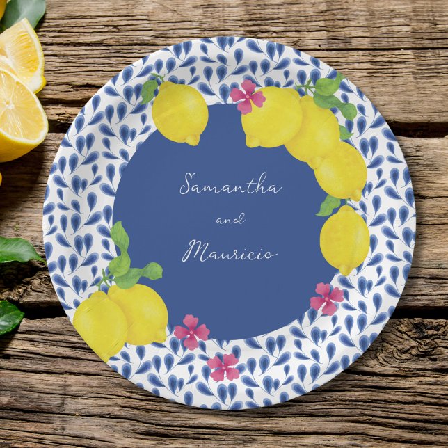 WATERCOLOR LEMONS BLUE TILES PAPER PLATES (Creator Uploaded)