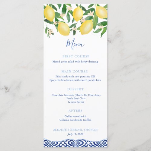 Watercolor Lemons Blue White Tiles Boy Baby Shower Menu