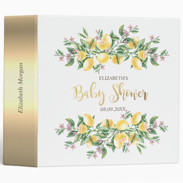 Watercolor Lemons Botanical Flowers Baby Shower  3 Ring Binder (Front/Spine)