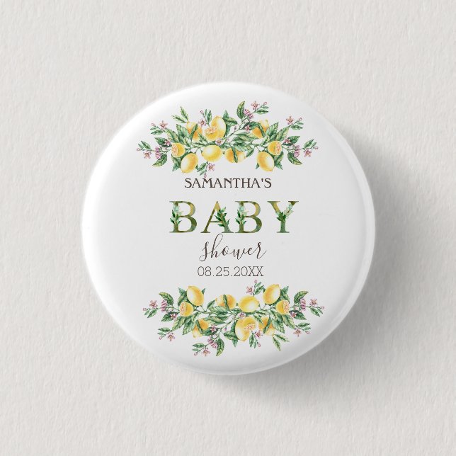 Watercolor Lemons Botanical Flowers Baby Shower   Button (Front)