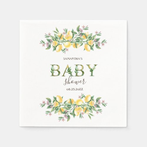 Watercolor Lemons Botanical Flowers Baby Shower   Napkins