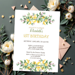 Watercolor  Lemons Botanical Flowers Birthday  Invitation