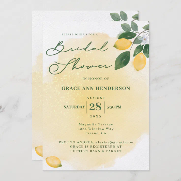 Watercolor Lemons Bridal Shower Invitation Zazzle