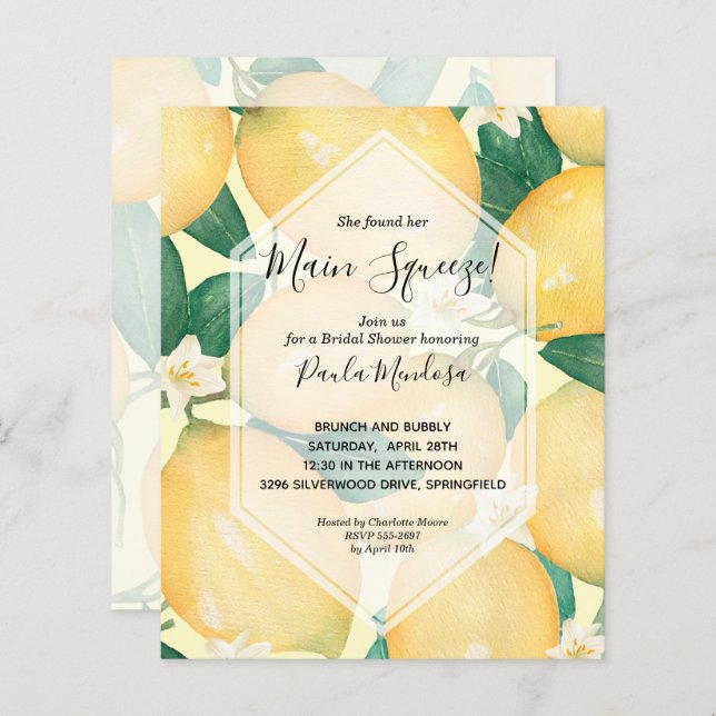 Watercolor Lemons Bridal Shower Invitations (Front/Back)
