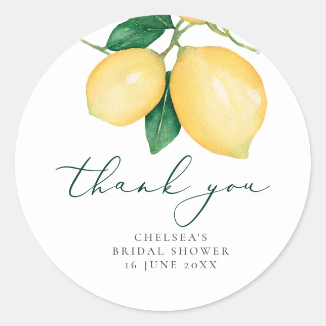 Watercolor Lemons Bridal Shower Thank You Favor Classic Round Sticker (Front)