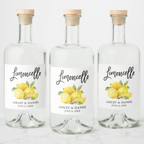 Watercolor Lemons Brush Script Limoncello Liquor Bottle Label