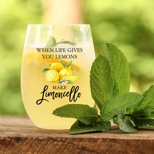 Watercolor Lemons Brush Script Limoncello Stemless Wine Glass
