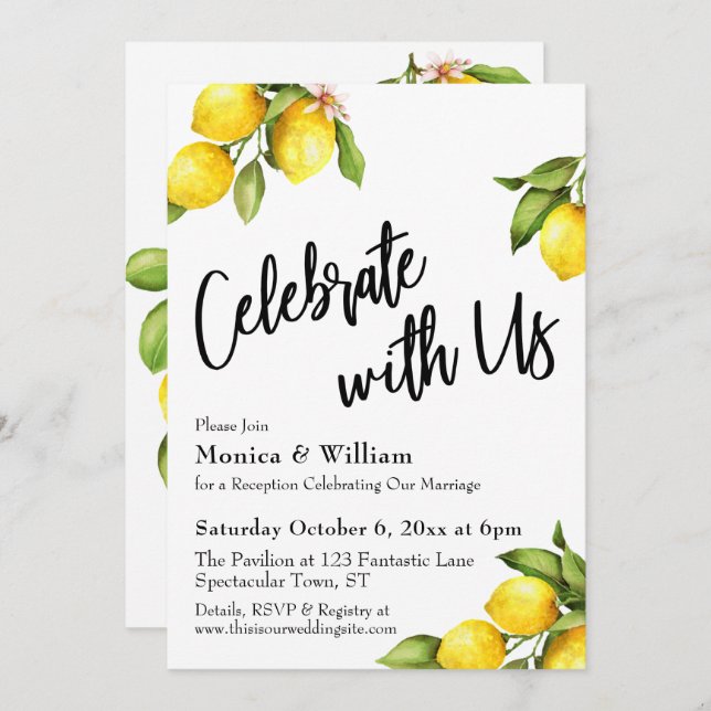 Watercolor Lemons Celebrate With Us Typography Invitation (Front/Back)