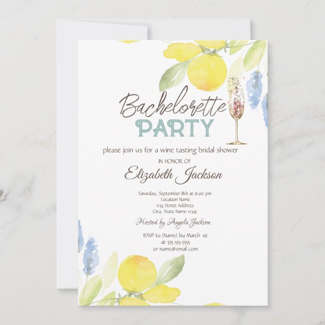 Watercolor Lemons Champagne Glass Bachelorette   Invitation (Front)