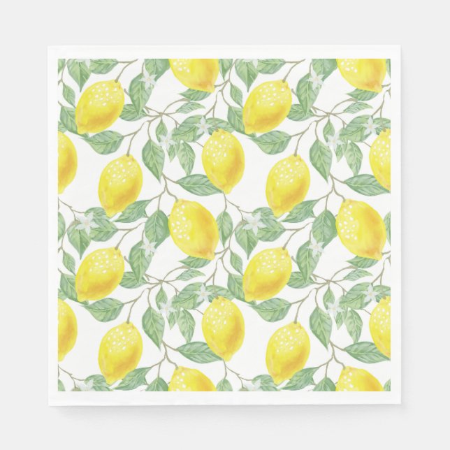 Watercolor Lemons Citrus Fruit Greenery Napkins (Front)